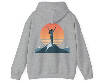 Empowerment zonsondergang berghoodie, inspirerend sweatshirt, unisex trui met capuchon, positieve boodschap trui, gezellige bergtop trui