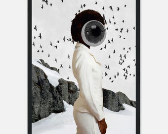Surreal Eye Art Print, Bird Mountain Landscape, Oddity Wall Decor