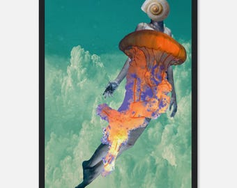 Surreal Jellyfish Dreamscape Art Print - Framed Matte Poster