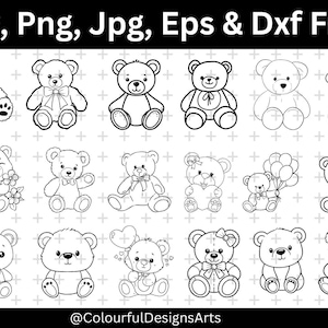 Puede incluir: Ilustraciones digitales en blanco y negro de osos de peluche en varias poses. Algunos osos tienen lazos, flores o globos. El texto en la parte superior dice "Svg, Png, Jpg, Eps & Dxf Files". La parte inferior de la imagen tiene el texto "@ColourfulDesignsArts".