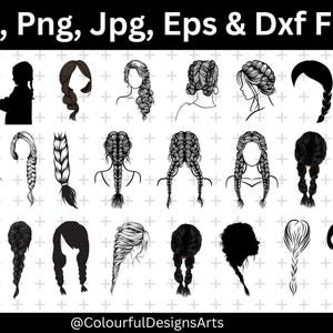 May include: A collection of hair style illustrations in black and white. The image includes various braid styles, including French braids, fishtail braids, and other braided hairstyles. Text at the top reads "Svg, Png, Jpg, Eps & Dxf Files".