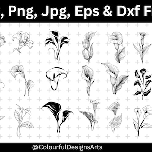 May include: A collection of black and white floral illustrations, including calla lilies and other stylized flowers. The image includes the text "Svg, Png, Jpg, Eps & Dxf Files" at the top and "@ColourfulDesignsArts" at the bottom.