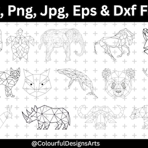 Peut inclure: Illustrations géométriques en noir et blanc d'animaux, dont un loup, un éléphant, un cheval, un renard, un chat, une baleine, un panda, un cerf, un escargot, un rhinocéros, un buffle et un ours. Le texte "Svg, Png, Jpg, Eps & Dxf Files" et "@ColourfulDesignsArts" sont inclus.
