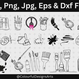 May include: Black and white line art illustrations of art supplies, including paintbrushes, paint palettes, paint buckets, and paint tubes. The text at the top says "Svg, Png, Jpg, Eps & Dxf Files". The bottom text says "@ColourfulDesignsArts".