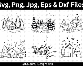 May include: Black and white illustrations of winter scenes, including cabins, trees, and falling snow. The text "Svg, Png, Jpg, Eps & Dxf Files" is at the top, and "@ColourfulDesignsArts" is at the bottom. These images are suitable for digital art projects.