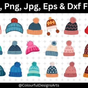 May include: A collection of colorful winter hats with pom-poms, in various designs and colors. The hats include blue, pink, red, and orange, with patterns like stripes, zigzags, and snowflakes. Text at the top reads "Svg, Png, Jpg, Eps & Dxf Files".