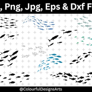 Pode incluir: Gráfico de arte digital com vários cardumes de peixes em diferentes formações. Os peixes são retratados em preto, azul e verde-azulado, com o texto "Svg, Png, Jpg, Eps & Dxf Files" na parte superior. O gráfico inclui o logotipo @ColourfulDesignsArts.