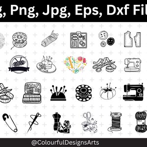 May include: A black and white illustration of 20 sewing and crafting icons. The icons include a spool of thread, a needle and thread, a sewing machine, a pin cushion, scissors, a safety pin, a zipper, and more. The text "Svg, Png, Jpg, Eps, Dxf Files" is at the top of the image.