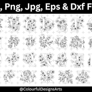 花柄アルファベットSVGバンドル、花柄文字SVG、植物SVG、花柄クリップアート、花柄アルファベットSVG、モノグラムPNG、SVG Cricutファイル、シルエット