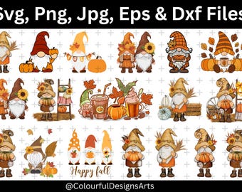 May include: A collection of fall-themed gnome illustrations in various poses, holding pumpkins, coffee, and leaves. The gnomes wear orange and brown hats and outfits. Text at the top reads "Svg, Png, Jpg, Eps & Dxf Files" and "Happy fall" at the bottom.