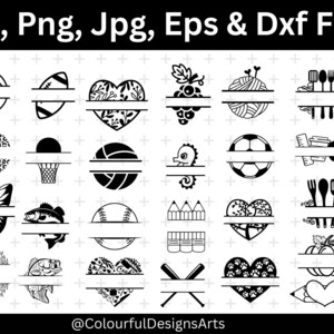 May include: Black and white SVG and DXF files featuring diverse designs. These include a volleyball, rugby ball, heart with floral patterns, grapes, wool, kitchen utensils, leopard print, basketball hoop, volleyball, football, school supplies, and more.