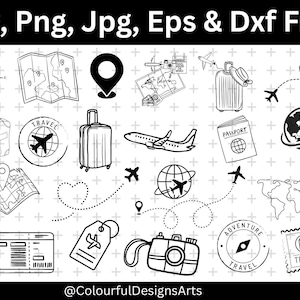 May include: A collection of black and white travel-related illustrations, such as a compass, maps, a suitcase, a passport, a camera, and aeroplanes. The text "Svg, Png, Jpg, Eps & Dxf Files" is at the top, and "@ColourfulDesignsArts" is at the bottom.