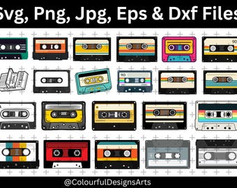May include: A collection of retro cassette tape illustrations in various colors and designs. The image includes the text "Svg, Png, Jpg, Eps & Dxf Files" at the top and the @ColourfulDesignsArts at the bottom.
