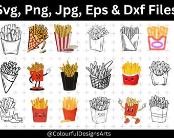 Franska frites SVG-paket, pommes frites Svg, mat Svg, pommes frites vektor, pommes frites Clipart, Svg-klippfiler, silhuett, direktnedladdning