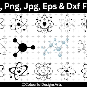 May include: A collection of atom and molecule illustrations in black and white, and a light blue molecule illustration. The image includes the text "Svg, Png, Jpg, Eps & Dxf Files" at the top and the @ColourfulDesignsArts at the bottom.