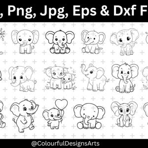 May include: A selection of black and white cartoon elephant illustrations in different poses. The elephants have large ears, trunks, and smiling faces. Text at the top reads "Svg, Png, Jpg, Eps & Dxf Files". The bottom of the image has the text "@ColourfulDesignsArts".