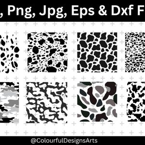 May include: Collection of eight digital pattern designs in black and white, and camouflage. The patterns include animal print, splattered ink, and camouflage. Text at the top reads "Svg, Png, Jpg, Eps & Dxf Files". The bottom of the image has the text "@ColourfulDesignsArts".