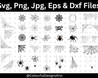May include: A collection of black and white Halloween-themed digital designs. The designs include various spiderwebs, spiders, and the text "Svg, Png, Jpg, Eps & Dxf Files" at the top. The designs are perfect for crafting projects.