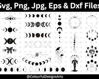 May include: Black and white celestial-themed digital design elements. The image features various moon phases, stars, and decorative borders. Text at the top reads "Svg, Png, Jpg, Eps & Dxf Files" and the bottom reads "@ColourfulDesignsArts".