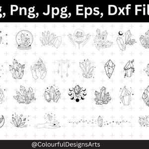 May include: A set of 25 black and white line art illustrations of crystals, moons, stars, and hands holding crystals. The illustrations are perfect for crafting, scrapbooking, or digital design projects.  The text "Svg, Png, Jpg, Eps, Dxf Files" is at the top of the image. The text "@ColourfulDesignsArts" is at the bottom of the image.