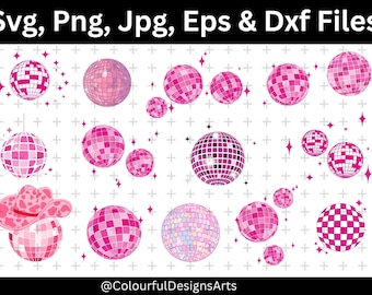 Paquete SVG de bola de discoteca rosa, clipart retro estético, bola de discoteca, SVG de fiesta de baile, archivos de corte para Cricut y Silhouette, diseño PNG de sublimación