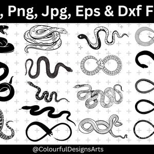 Puede incluir: Una colección de ilustraciones de serpientes en blanco y negro en varias poses, incluyendo diseños enroscados, deslizantes y con símbolos de infinito. La imagen incluye el texto "Svg, Png, Jpg, Eps & Dxf Files" en la parte superior y el usuario de Instagram "@ColourfulDesignsArts" en la parte inferior.