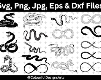 Pacchetto SVG di serpenti, file di taglio SVG di rettili, sagoma di serpente, SVG di pitone, clipart di infinito, vettore di serpente, SVG di serpente infinito, uso commerciale