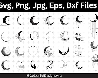 May include: A set of 20 black and white moon illustrations. The moons are in various styles, including crescent moons, full moons, and moons with stars, flowers, and other designs. The illustrations are perfect for use in digital or physical crafts.
