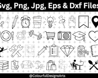May include: Black and white line art icons including a stethoscope, yoga pose, pencil, alarm clock, coffee cup, lightbulb, push pin, suitcase, tag, location pin, plate, fork and spoon, gears, dumbbell, shopping cart, camera, graduation cap, heart, and more.