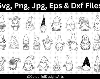 May include: Black and white line art illustrations of gnomes in various poses and styles. Some gnomes hold flowers, a welcome sign, or a mushroom. The image includes the text "Svg, Png, Jpg, Eps & Dxf Files" and the @ColourfulDesignsArts logo.