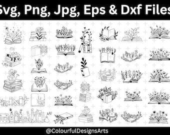 May include: Black and white line art illustrations of books with floral and botanical elements. The image includes stacks of books, open books with flowers, and individual books with leaves. Text at the top reads "Svg, Png, Jpg, Eps & Dxf Files".