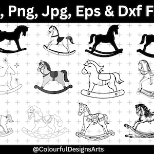 May include: A selection of rocking horse designs in black and white, including silhouettes and detailed drawings. Ideal for digital art projects. The text at the top reads "Svg, Png, Jpg, Eps & Dxf Files".
