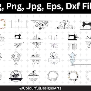 May include: Collection of sewing-themed SVG, PNG, JPG, EPS, and DXF files. Includes illustrations of sewing machines, scissors, needles, spools of thread, and dress forms. The text "Svg, Png, Jpg, Eps, Dxf Files" is at the top.