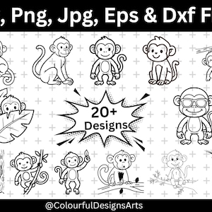 Puede incluir: Una colección de diseños de monos en blanco y negro en varias poses, incluyendo sentados, colgados y sosteniendo objetos. La imagen incluye el texto "Svg, Png, Jpg, Eps & Dxf Files" y "20+ Designs". Adecuado para proyectos de arte digital.
