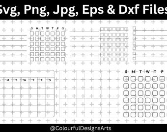 May include: Black and white digital design files, including SVG, PNG, JPG, EPS, and DXF formats. The image features various calendar layouts and organizational elements, with the text "Svg, Png, Jpg, Eps & Dxf Files".