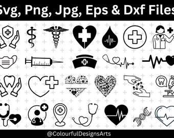 Paquete de SVG médicos, SVG de doctor, SVG de enfermera, silueta de hospital, clipart de estetoscopio, SVG de medicina, SVG de equipo médico, uso comercial