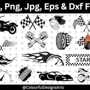 May include: A selection of black and white racing-themed illustrations, featuring motorbikes, race cars, chequered flags, flames, tyres, and engine pistons. The word "START" is on a chequered background. The text "Svg, Png, Jpg, Eps & Dxf Files" is at the top.