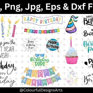 May include: A collection of birthday-themed digital graphics. Includes text elements like "Happy Birthday," "Birthday Dude," and "Party Time!" alongside illustrations of candles, a party hat, a cupcake, and banners. The graphics are in various colors.