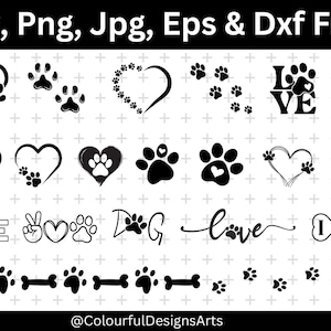 Pata de perro SVG, silueta de pata de perro, paquete de huellas de pata SVG, corazón de pata SVG, vector de pata de perro, pata de animal SVG, archivos de corte de pata de animal, archivos digitales