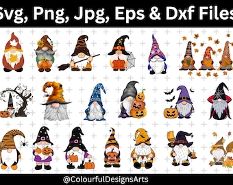 May include: A collection of Halloween-themed gnome illustrations in various styles. Each gnome features a unique hat, beard, and outfit, with pumpkins, bats, and autumn leaves. The image includes the text "Svg, Png, Jpg, Eps & Dxf Files".