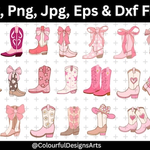 May include: A collection of pink cowboy boots in various designs, including boots with bows, stars, hearts, and floral patterns. The boots are in shades of pink and white, with some featuring decorative elements. The image includes the text "Svg, Png, Jpg, Eps & Dxf Files" and the @ColourfulDesignsArts logo.
