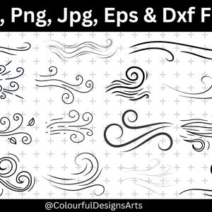 May include: A collection of black line art wind and swirl designs. The image includes various stylized illustrations of wind gusts, swirls, and flowing lines. Text at the top reads "Svg, Png, Jpg, Eps & Dxf Files". The bottom text reads "@ColourfulDesignsArts".