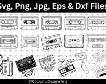 May include: Black and white line art of various cassette tapes, a portable cassette player with headphones, and a few cassette tape designs with trailing tape. The text "Svg, Png, Jpg, Eps & Dxf Files" is at the top.