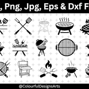 May include: A collection of black barbecue-themed icons featuring grills, spatulas, forks, and flames. The top banner displays the text Svg, Png, Jpg, Eps & Dxf Files, and the bottom banner displays the text @ColourfulDesignsArts.