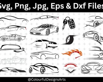 May include: Black and white vector illustrations of various cars, including sports cars and racing cars. The image also includes a car key, a tire with motion lines, and a speedometer. Text at the top reads "Svg, Png, Jpg, Eps & Dxf Files".