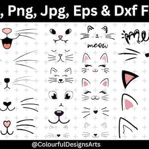 Op de afbeelding: Een verzameling kattengezichtsontwerpen in zwart en wit, inclusief snorharen, neuzen en oren. Sommige ontwerpen bevatten het woord "meow". De afbeelding bevat ook de tekst "Svg, Png, Jpg, Eps & Dxf Files" en "@ColourfulDesignsArts".