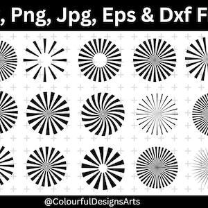 May include: A collection of black and white radial designs in circular shapes. The designs vary, including solid lines, open spaces, and spiral patterns. Text at the top reads "Svg, Png, Jpg, Eps & Dxf Files". The bottom of the image displays the text "@ColourfulDesignsArts".