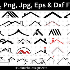 Puede incluir: Una colección de diseños de tejados en negro y rojo, con el texto "Svg, Png, Jpg, Eps & Dxf Files" en la parte superior. Los diseños varían en estilo, desde contornos simples hasta ilustraciones más detalladas. Adecuado para proyectos de arte digital.