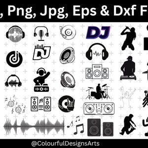 Può includere: Raccolta di grafiche a tema DJ in bianco e nero, tra cui giradischi, cuffie, altoparlanti e sagome di DJ. Il testo in alto recita "Svg, Png, Jpg, Eps & Dxf Files". La parte inferiore dell'immagine presenta il testo "@ColourfulDesignsArts".
