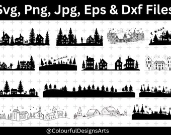 May include: A collection of black and white silhouette designs featuring winter scenes with houses, trees, and reindeer. The text "Svg, Png, Jpg, Eps & Dxf Files" is at the top, and "@ColourfulDesignsArts" is at the bottom.